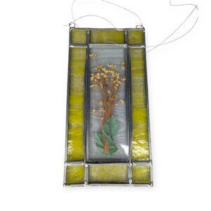 Rectangular Stained Leaded Glass Panel with Dried Floral Accent 8" x 4" x 1/2"